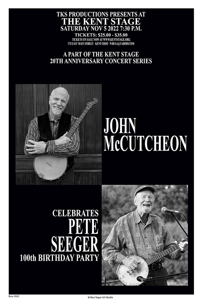 John McCutcheon 2022 Kent Stage Pete Seeger 100th Birthday Party banjo portrait black and white
