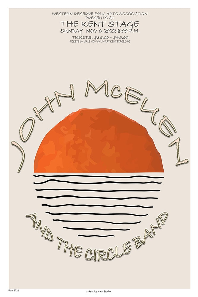 John McEuen and the Circle Band 2022 Kent Stage orange sunset circle illustration Western Reserve Folk Arts