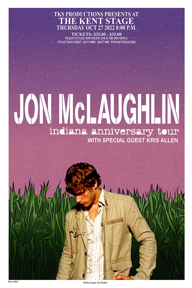 Jon McLaughlin 2022 Kent Stage Indiana Anniversary Tour with Kris Allen purple cornfield poster