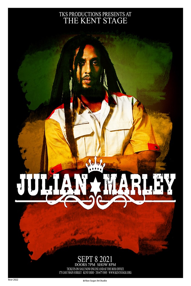 Julian Marley 2021 Kent Stage TKS Productions Rastafarian portrait gold red green