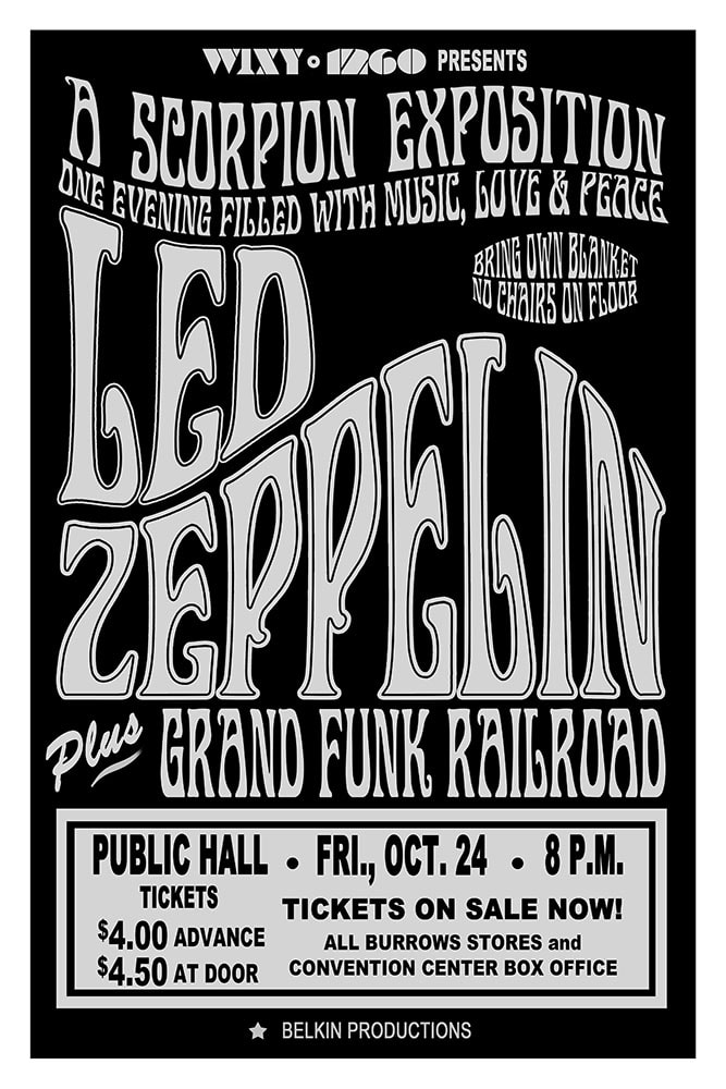 Led Zeppelin with Grand Funk Railroad 1969 Cleveland Public Hall Concert Poster