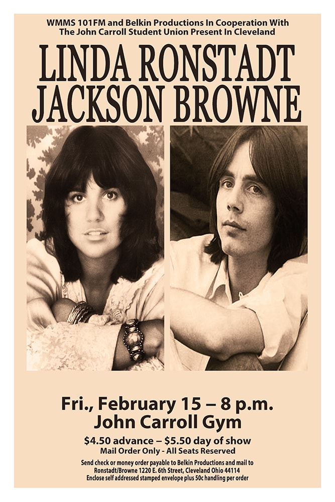 Linda Ronstadt and Jackson Browne 1974 John Carroll Gym Cleveland Concert Poster