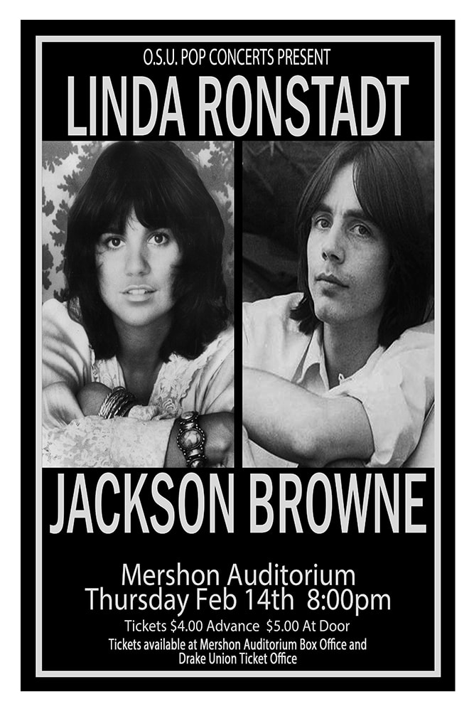 Linda Ronstadt and Jackson Browne 1974 Mershon Auditorium Columbus Concert Poster