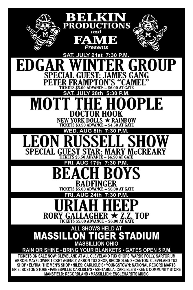 Massillon Tiger Stadium 1973 Summer Concert Series Schedule Poster