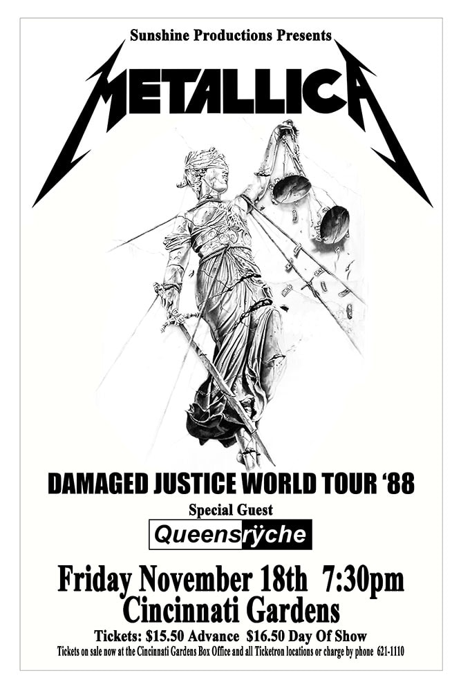 Metallica Damaged Justice World Tour 1988 Cincinnati Gardens Concert Poster