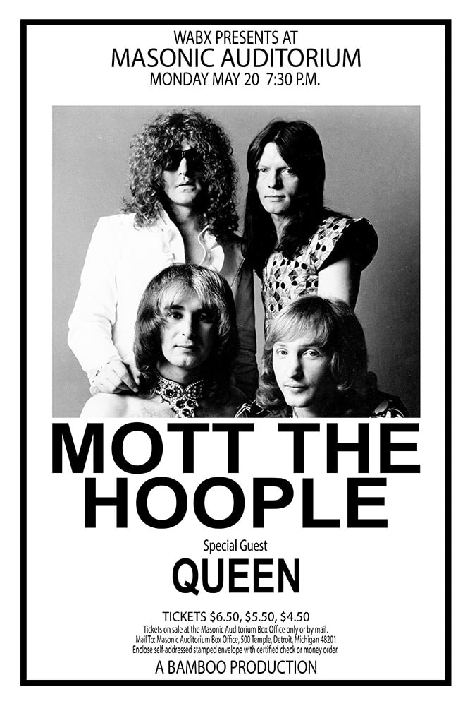 Mott the Hoople with Queen 1974 Masonic Auditorium Detroit Concert Poster