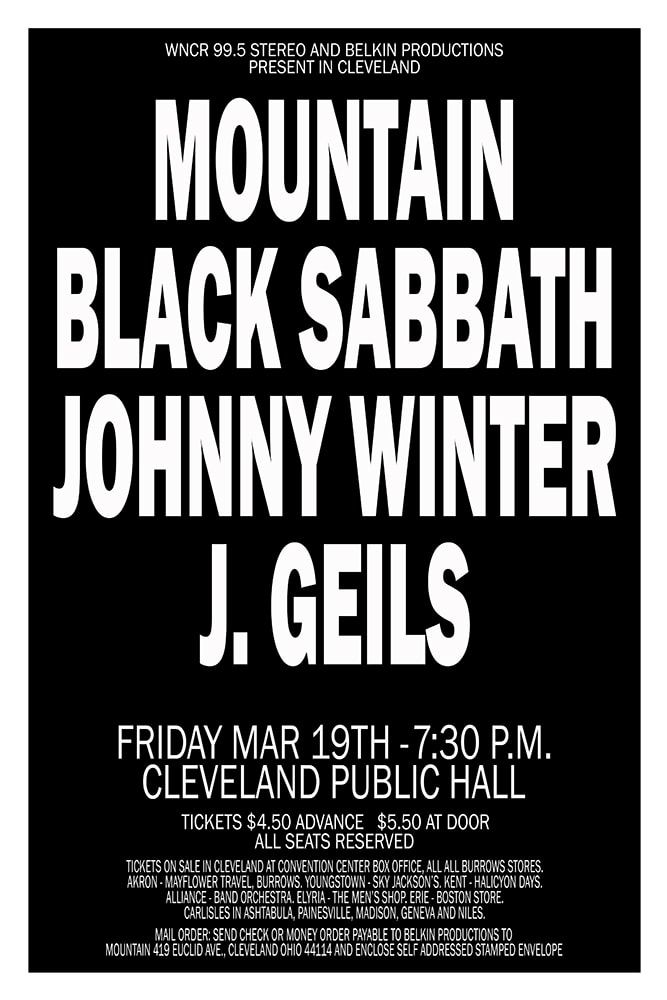 Mountain with Black Sabbath, Johnny Winter and J. Geils 1971 Cleveland Public Hall Concert Poster