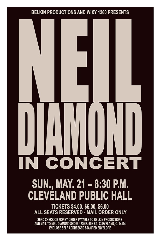 Neil Diamond In Concert 1972 Cleveland Public Hall Concert Poster