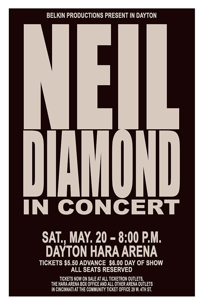 Neil Diamond In Concert 1972 Dayton Hara Arena Concert Poster