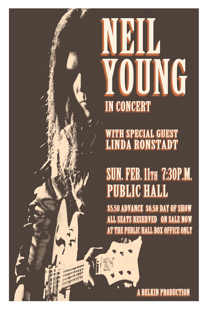 Neil Young In Concert with Linda Ronstadt 1973 Cleveland Public Hall Concert Poster