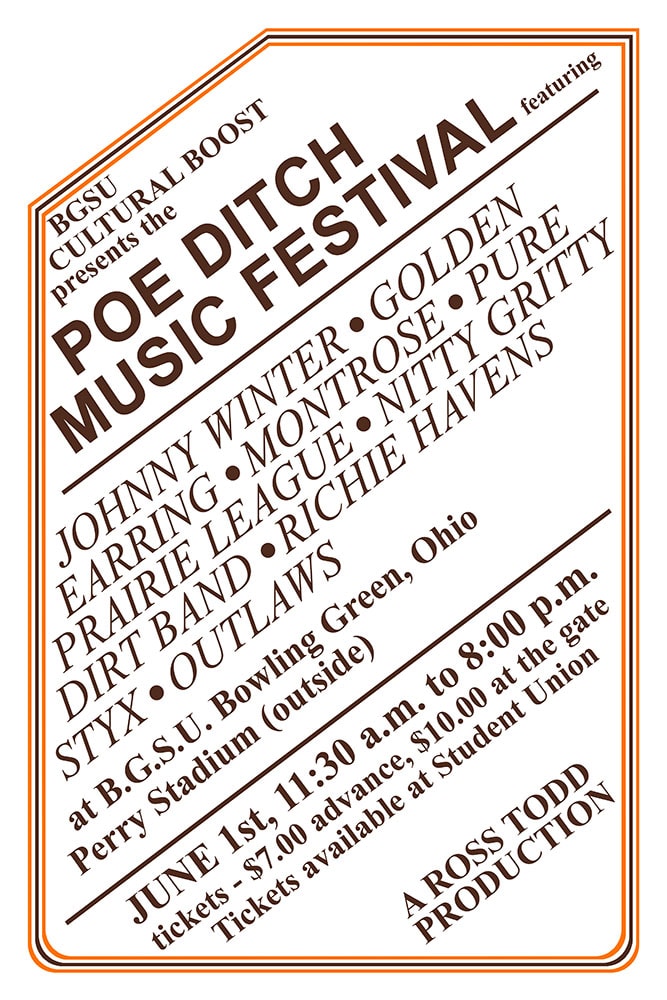 Poe Ditch Music Festival 1975 BGSU Perry Stadium Bowling Green Concert Poster