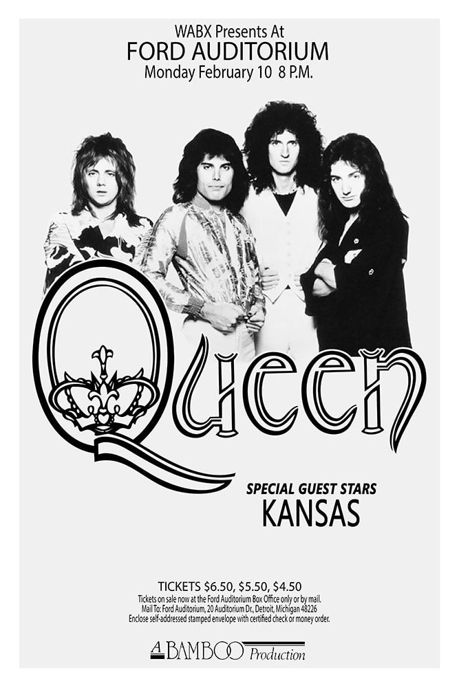 Queen with Kansas 1975 Ford Auditorium Detroit Concert Poster