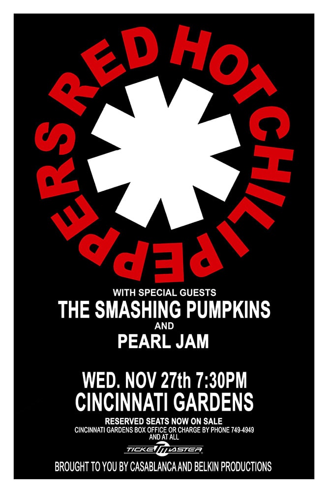 Red Hot Chili Peppers with Smashing Pumpkins and Pearl Jam 1991 Cincinnati Gardens Concert Poster