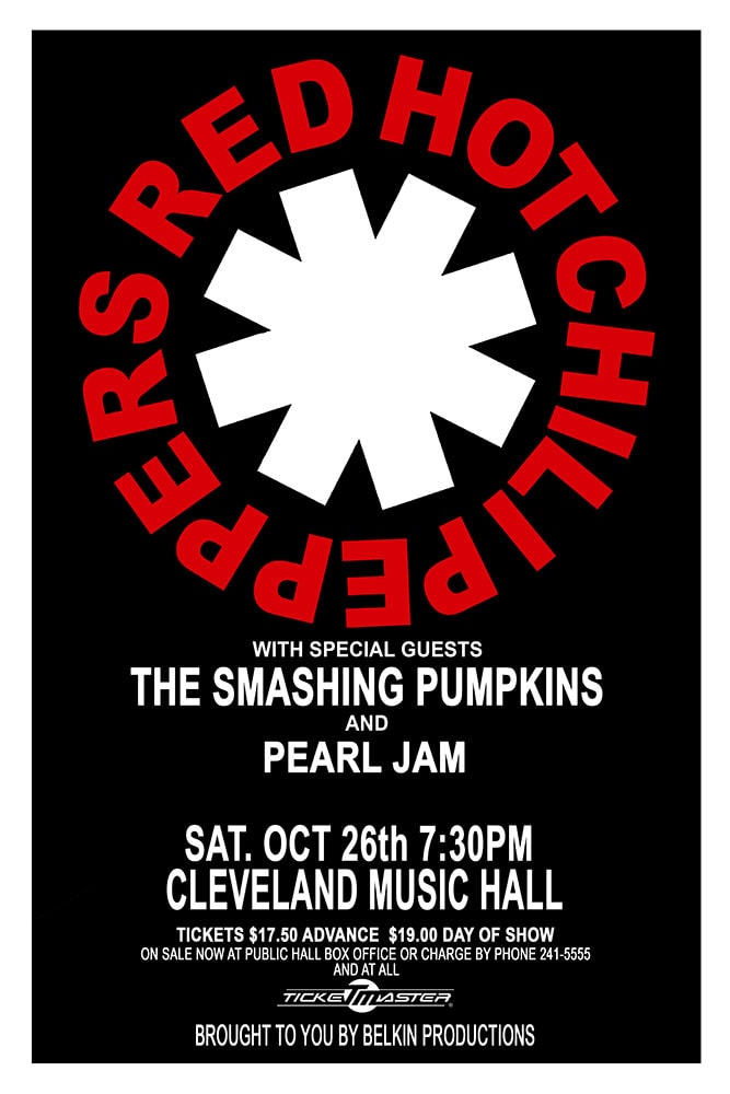Red Hot Chili Peppers with Smashing Pumpkins and Pearl Jam 1991 Cleveland Music Hall Concert Poster