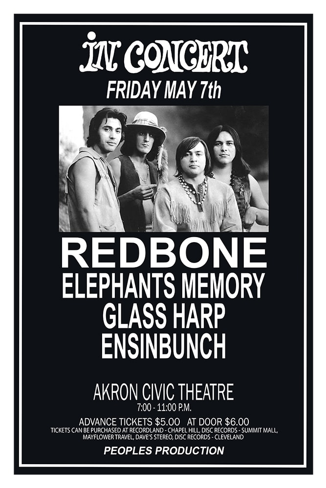 Redbone with Elephants Memory, Glass Harp, and Ensinbunch 1971 Akron Civic Theatre Concert Poster